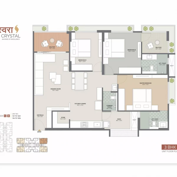 3 BHK Unit Plan Type1 Block C&D